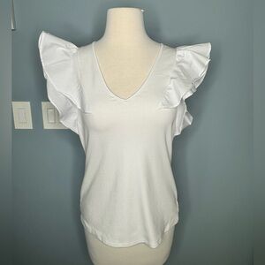 Boston Proper White Ruffle Sleeve V-Neck Top